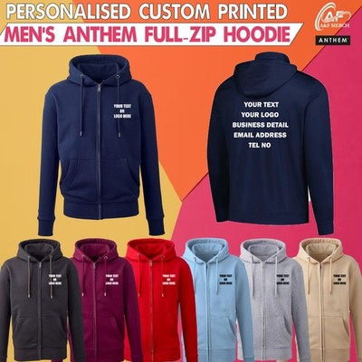 Personalised Custom Printed Anthem Full Zip Hoodie Text Logo Unisex Workwear