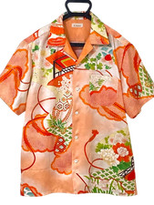 Antique Kimono Remake Aloha Shirt Silk Handmade Japanese Floral Orange Size L