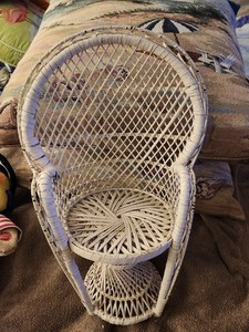 Vintage Large Doll/Bear Size WICKER RATTAN PEACOCK CHAIR  - High Plant Stand