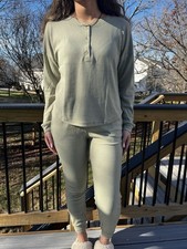 Sage Henley Style Waffle Knit Jogger Lounge Set in Size Small