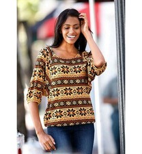 Vivien Caron Damen Shirt Blusenshirt 3/4 Arm gelb braun gemustert Gr. 38 *NEU*