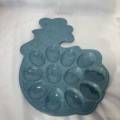 Paula Deen Deviled Egg Plate Light Blue W/cobalt Blue Speckle Rooster/Chicken
