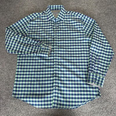 Twillory Mens Performance Gingham Dress Shirt Green Blue Tailored Fit 17.5 34-35