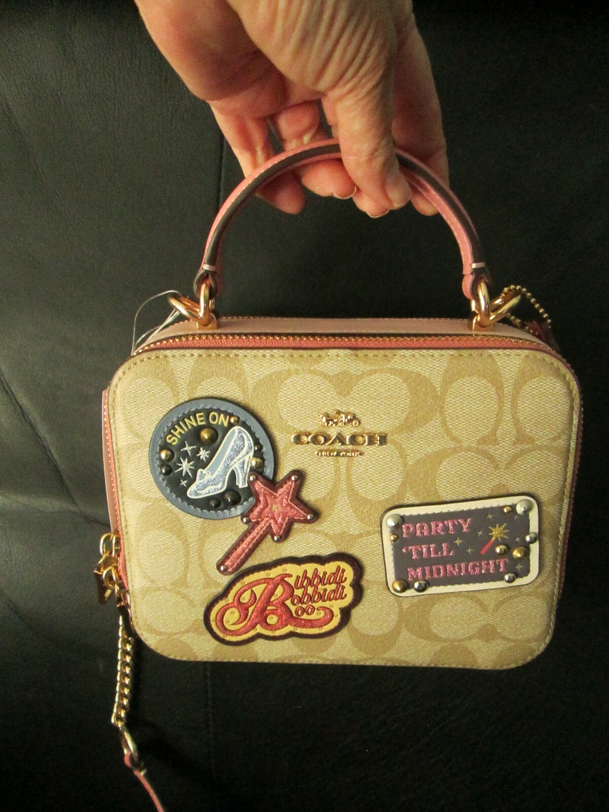 Rare Disney X  Coach Box Crossbody Purse Bag Cinderella Canvas Pink Patches image 4