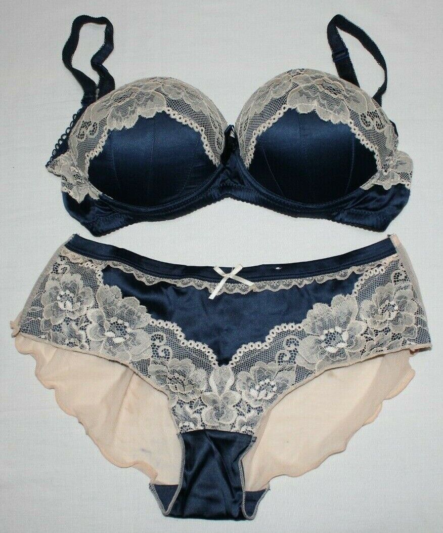 Blue/Cream lace underwire push-up Bra/Panty set- satin bow detail - Size  30B
