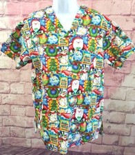 Uniform City Womens Scrub Top Size S Holiday Christmas Tree Santa Angel Doves