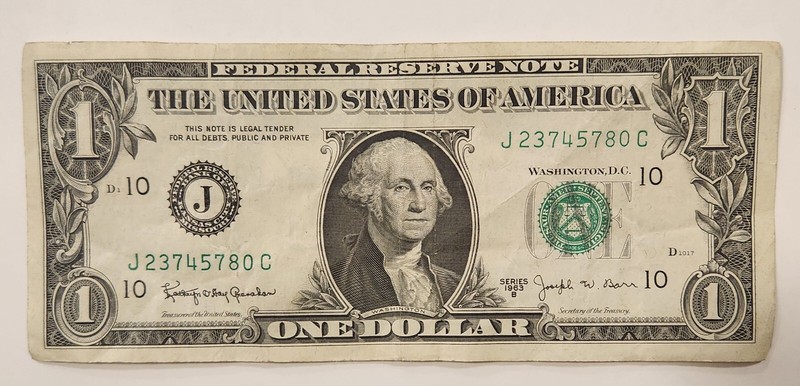 **Error Note** $1 bill, 1963 b, serial number ink error 