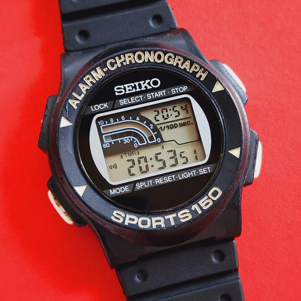 Seiko Alarm Chronograph Sports 150 Rare Vintage LCD Black Watch