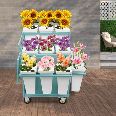 Flower Display Stand 18pcs Plastic Buckets for Fresh Flowers 3 Layers Cart Blue