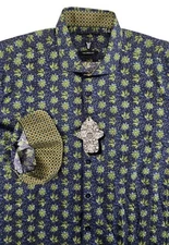 Luchiano Visconti Black Floral Blue/Green Men Long Sleeve Shirt XL $155