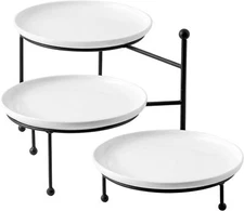 3 Tiered Serving Stand with White Porcelain Plates, 10" Round Tray