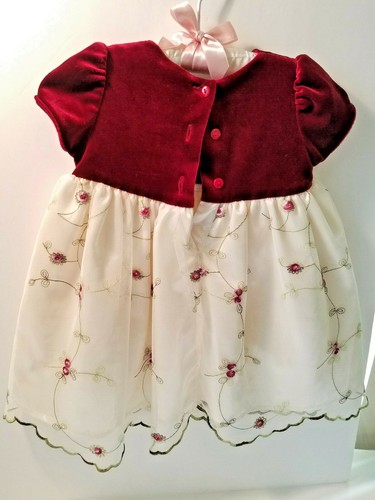 Youngland Girls 12M Christmas Party Dress Red Velvet Embroidered Floral - Picture 2 of 9