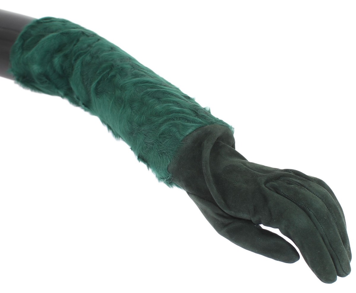 DOLCE & GABBANA Gloves Green Leather Xiangao Fur Elbow Long