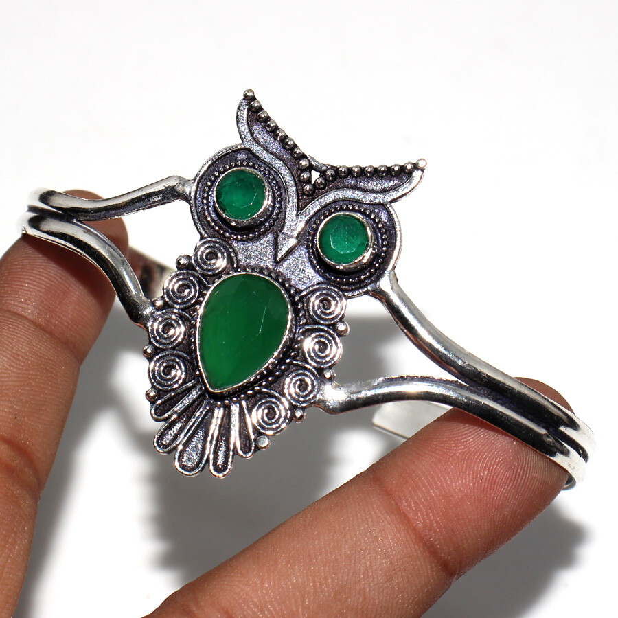 Green Onyx 925 Silver Plated Owl Gemstone Bangle FreeSize Valentine Gifts JW