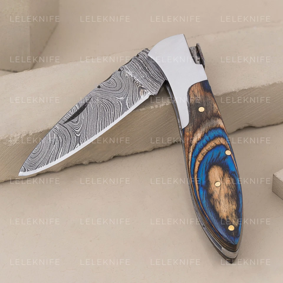 Cuchillo de Bolsillo Plegable Damasco Hecho a Mano Camping Caza Skinner Cuchillo con Bolsa Foto 2 de 2