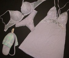 NWT Victoria's Secret 32C BRA SET XS SLIP SLIPPERS Purple Lilac silver foil BODY