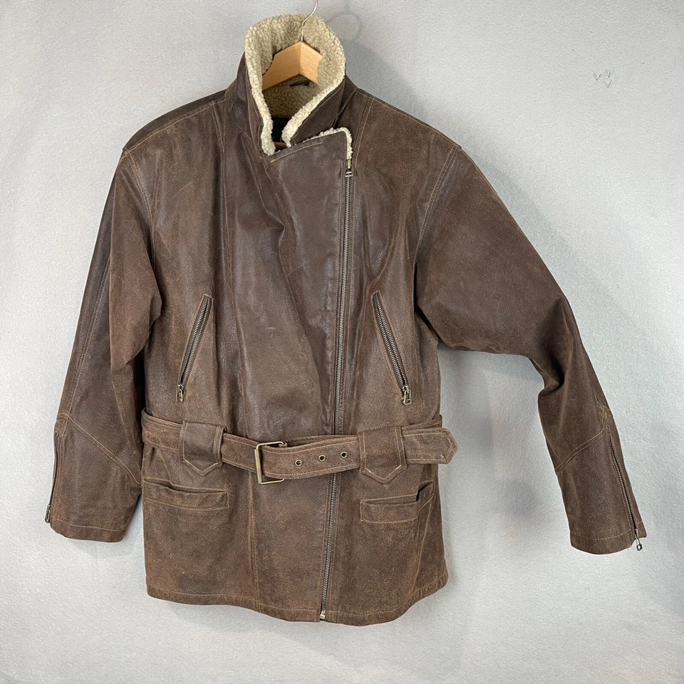Chaqueta con cinturón de cuero envejecido marrón Y2K L con ribete Sherpa Grunge piloto motociclista Foto 3 de 4
