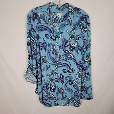 Talbots Top Womens L  Blue Paisley Floral Chiffon Button Up Roll Tab Sleeve Boho