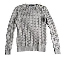 Ralph Lauren Cable Knit Sweater Beige Gold Button Medium Crew Neck Fisherman