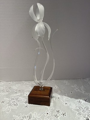 15in Blown Glass Iris Sculpture In A Wooden Base Hand Blown Art