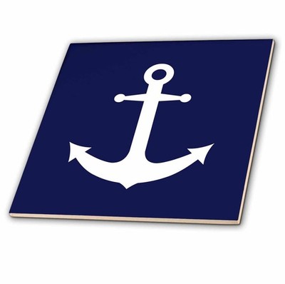 3dRose Navy Blue White Nautical Anchor Design Ceramic Tile 6-Inch Coastal Decor