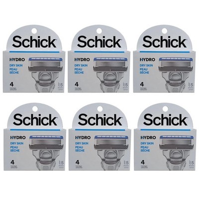 Schick Hydro Dry Skin 5 Blades Razor 4 Refills/ 6 Packs Total 24 Cartridges