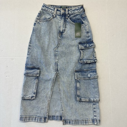 Women's Wild Fable Denim Midi Cargo Skirt Denim Wash Size XXS Grunge - Picture 3 of 6