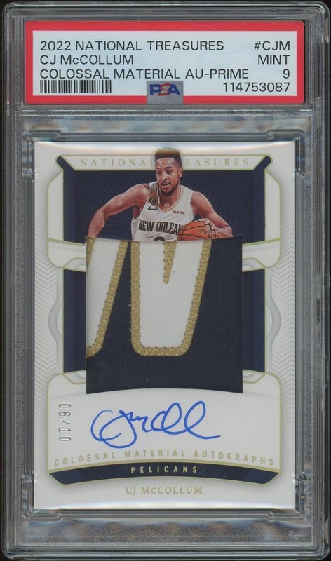 2022/23 Panini National Treasures CJ McCollum Colossal Patch Auto #06/10 PSA 9