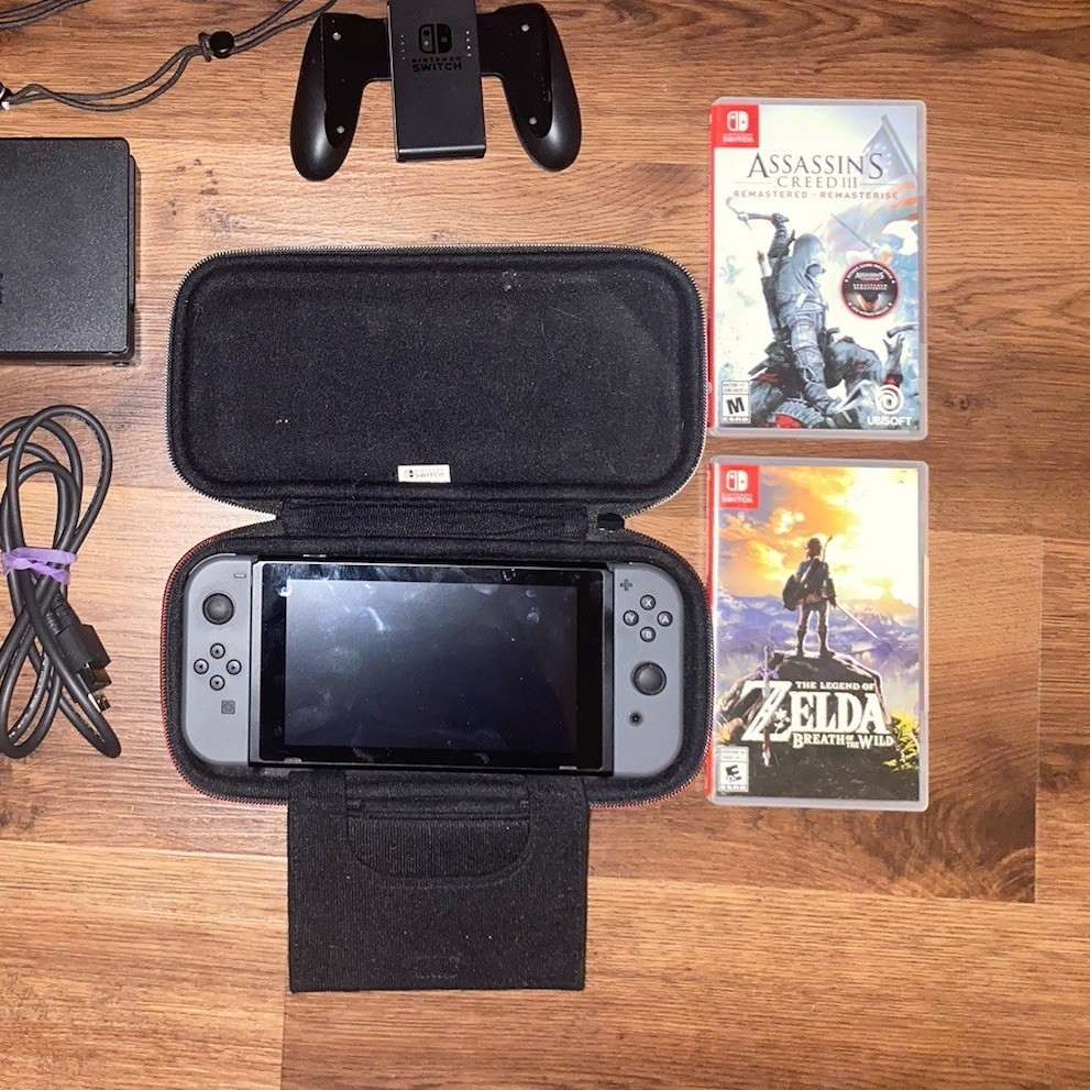 Nintendo Switch Console Gray Joy-Con w/ Dock, Cables, Case & 2 Games Zelda AC3
