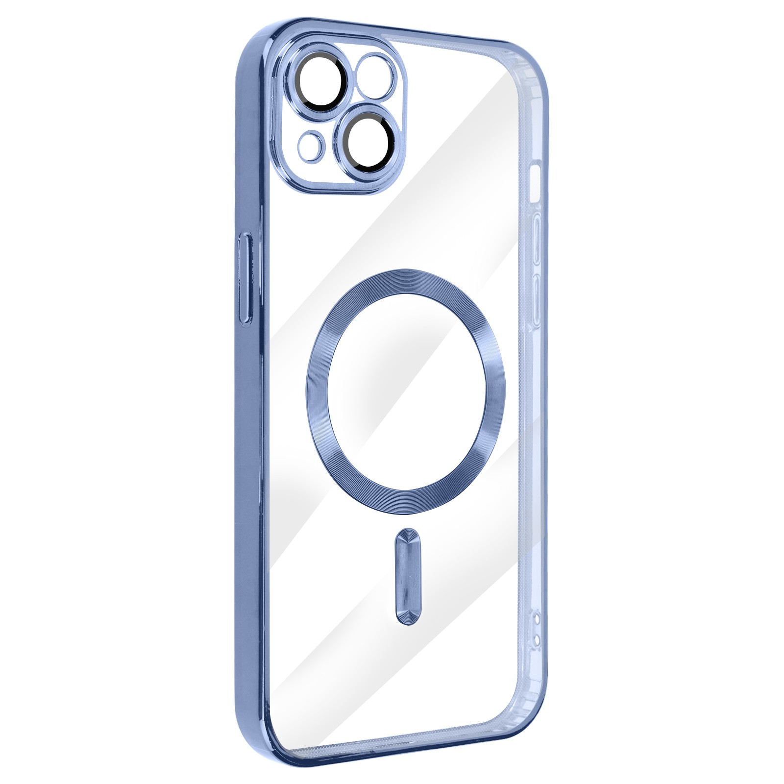 Coque iPhone 14 bleu clair protection fine rigide dos garni chrome