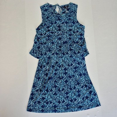 HATLEY Kleid mittelblau Damen ärmellos Midi Rundhals geblümt