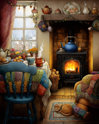 8x10 Cozy Storybook Fireplace in Room Art Print Classic Illustration - 659807749