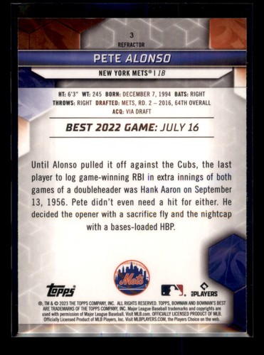 2023 Bowman's Best Refractors #3 Pete Alonso New York Mets - Picture 2 of 2