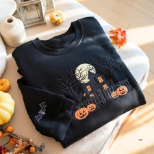 Embroidered Haunted House Crewneck Sweatshirt, High Quality Pigment Dyed