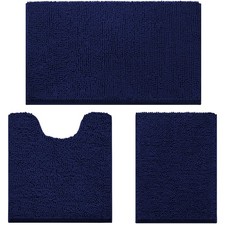 3 PCS Navy Blue Bathroom Rug Set, Non Slip Chenille, 17x24, 20x32, U Shape 20x24