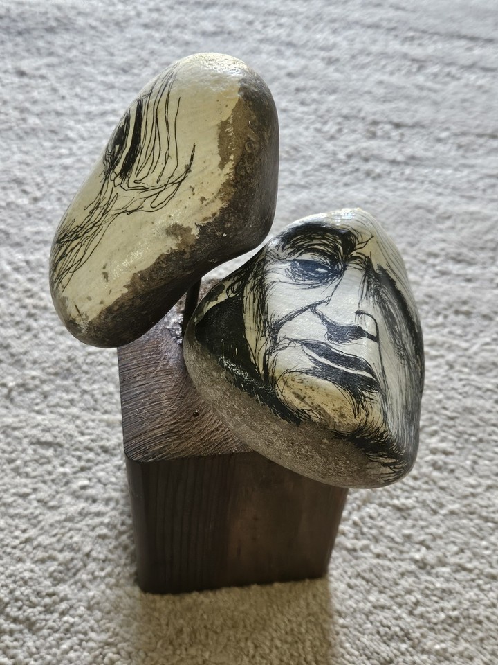 MCM Hand Painted Stones Old Men Faces Art Sculpture Wood Base Eames  1960 Era