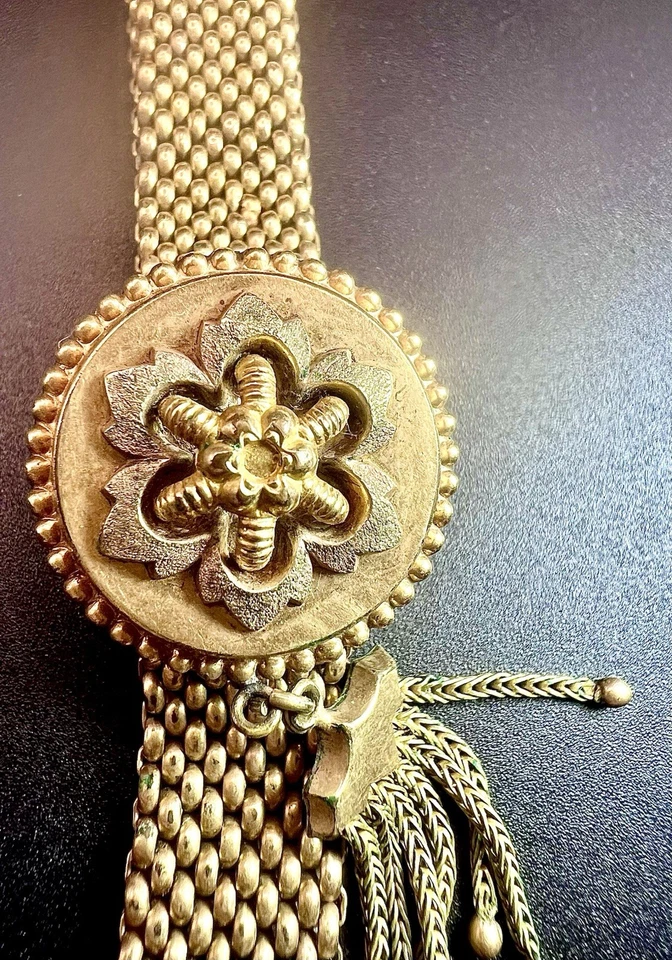 Vintage Victorian PAT 1871 Gold Mesh Tassle Slide Bracelet - Image 4 of 4