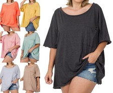 1X 2X 3X Round Boat Neck Oversized Cotton T-Shirt Raw Edge Front Pocket Top