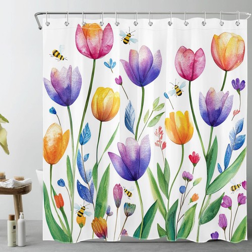Juego de cortinas de ducha florales de tulipán púrpura hojas verdes planta abeja para decoración de baño - Imagen 2 de 23
