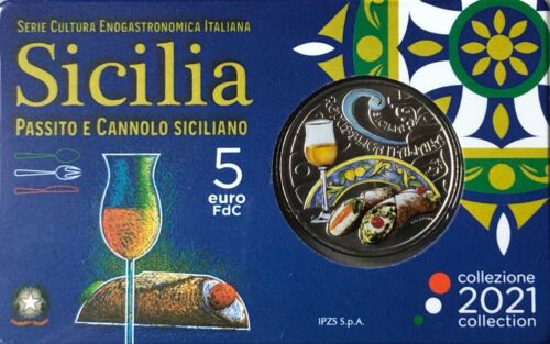 asta ITALIA 2021 MONETA FDC 5 EURO SICILIA PASSITO E CANNOLO SICILIANO COINCARD - Picture 3 of 5