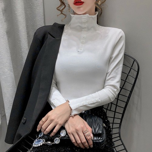 Invierno Mujeres Algodón Volantes Cuello De Tortuga Largo Mangas Cortas Talla Blusa Prendas para el torso Camiseta básica | eBay