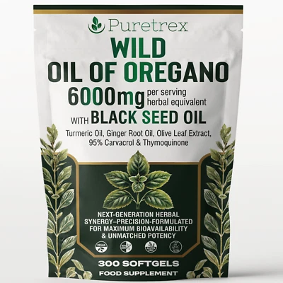 PURETREX Wild Oregano Oil 6000mg with Black Seed, Turmeric & Ginger – 300 Softgels Purest
