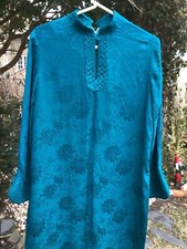 Vintage Dress Tunic Asian Chineese Silk Floral Print Lined Blue Green Color L