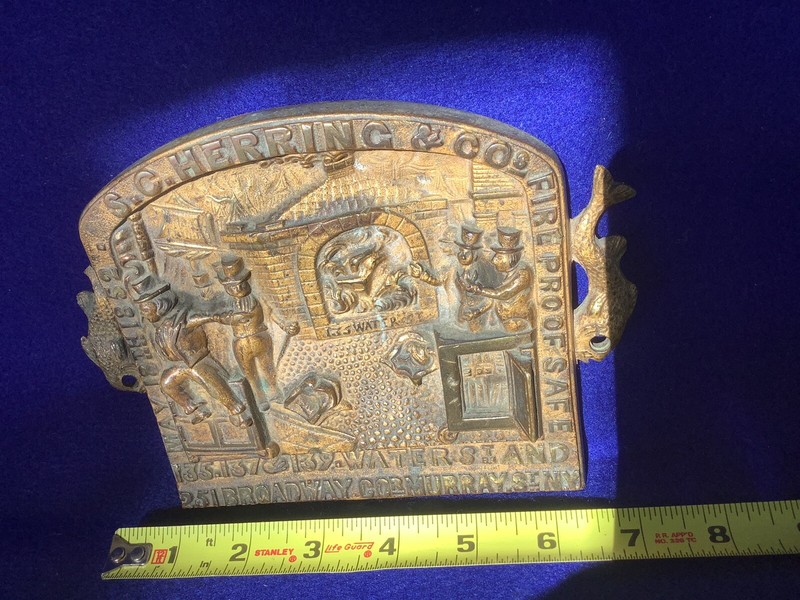 ANTIQUE BRASS / BRONZE SAFE PLATE 1852 S.C. HERRING & CO. 135 WATER ST., ORIG.