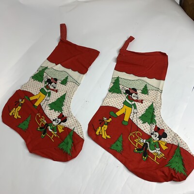 Lot of two Vintage Walt Disney Mickey Minnie Mouse Pluto Christmas Stocking Snow