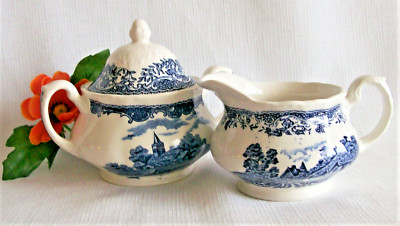Sugar Bowl & Creamer Olde England Royal Tudor Ware Blue & White England 