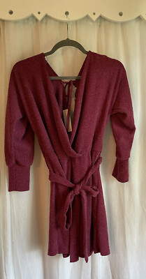 Francesca s Mi Ami Open Back Knit Belted Mini Dress Long Sleeve Burgundy M Cozy