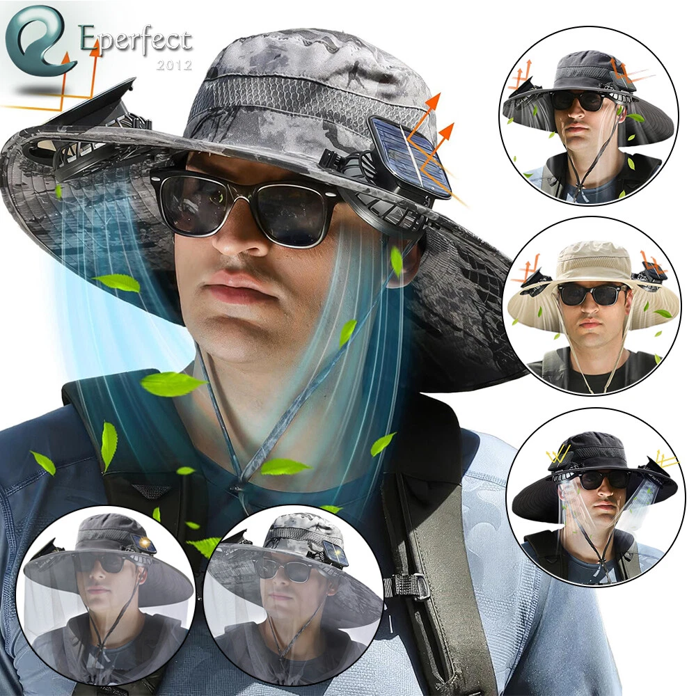 Outdoor Fishing Wide Brim Sun Hat with 2 Solar Fan Men Women Summer Bucket Hats