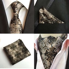 Men Paisley Floral Black Neck Tie Cravat Ascot Pocket Square Set Lot