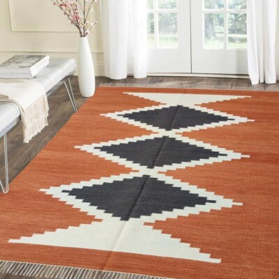 Handwoven Cotton Orange White Rug, Large Area Kilim Rug, Home Decor Rug, Living